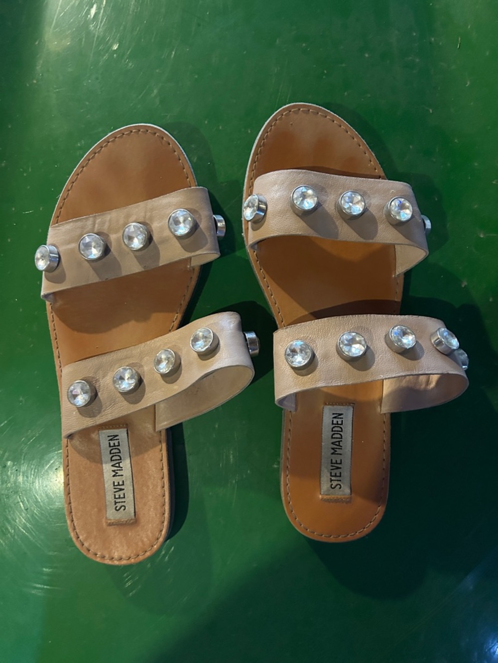 Steve Madden Beige Crystal-Stud Double Strap Slide Sandals